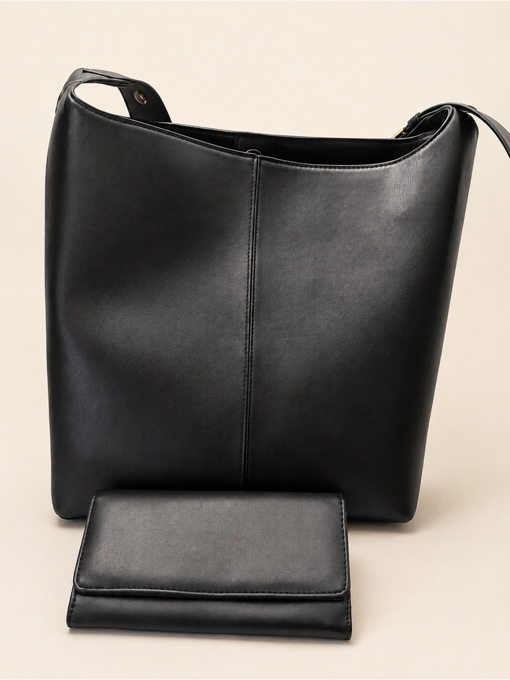 Black Faux Leather Hobo Shoulder Bag and Matching Wallet Set Gold Hardware